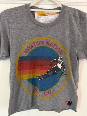 Aviator Nation Gray Kids Retro Ski Circle Graphic Tee with Rainbow Stripes